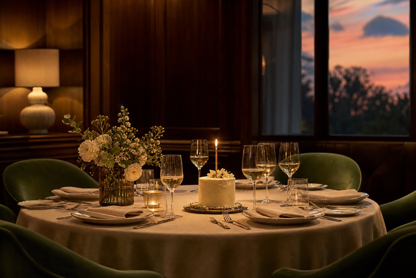 Private birthday dinner with a subtle cake, flowers, and candlelight