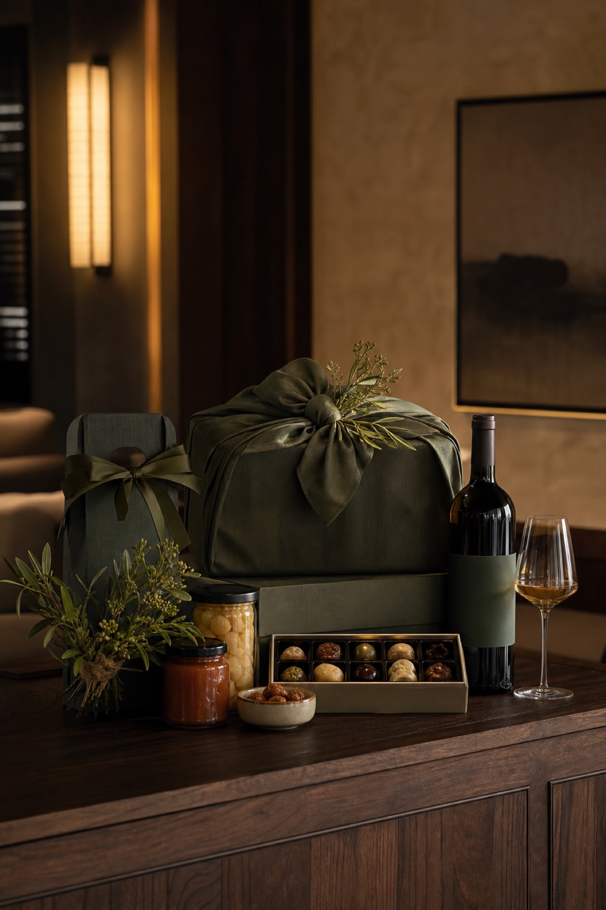 Curated culinary gift hamper arranged in a private hospitality salon
